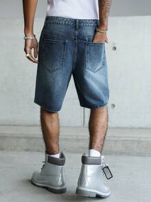 Manfinity EMRG Short en jean délavé avec motif étoile déchiré, style décontracté à la mode pour la rue et les déplacements quotidiens. Été. - Bleu marine - Voir 2