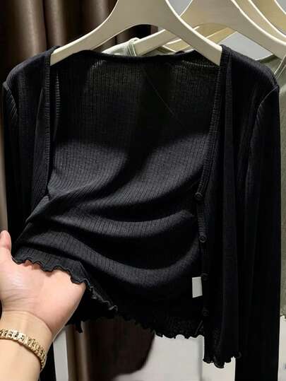 INAWLY 女士标准尺码纯色长袖荷叶边开衫秋冬女装