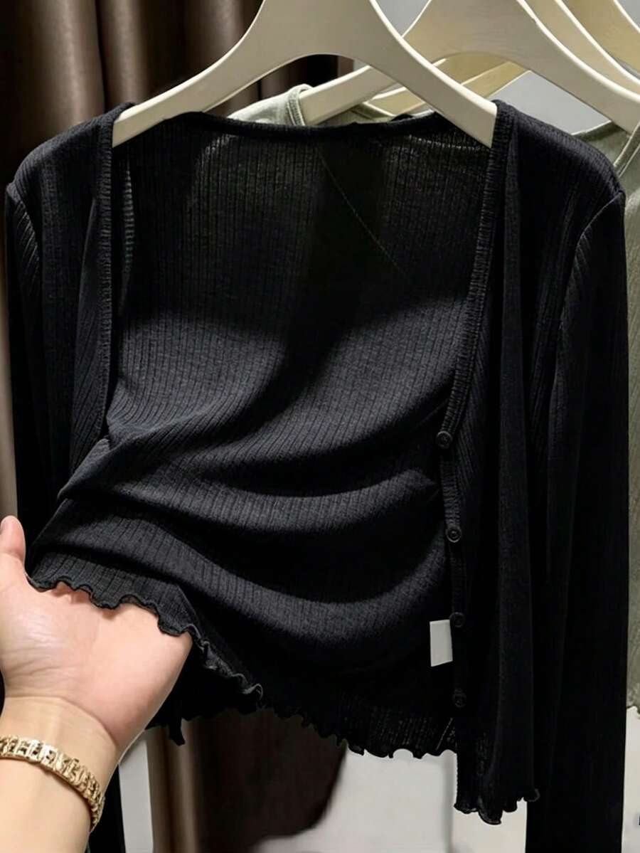 INAWLY Women's Standard Size Solid Color Long Sleeve Frill Trim Cardigan Fall Winter Cloth For Women - Black - View 1