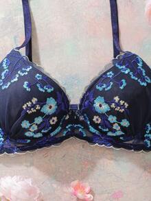 Elorette 1件女士网纱花卉刺绣钢圈文胸 - 藍色 - 查看 3