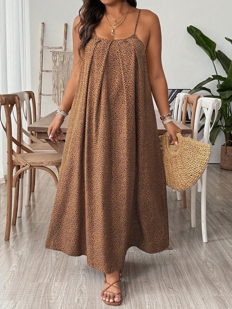 SHEIN VCAY Vestido de alças feminino plus size com estampa de leopardo, estilo férias, vestido de verão feminino - Castanho - Ver 1