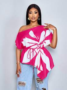 SOLERSUN Women's Plus Size Elegant Pink Floral Summer Blouse, Loose One-Shoulder Asymmetrical Hem Slanted Collar Drawstring Tie-Waist Casual Fashion Top - Hot Pink - View 5