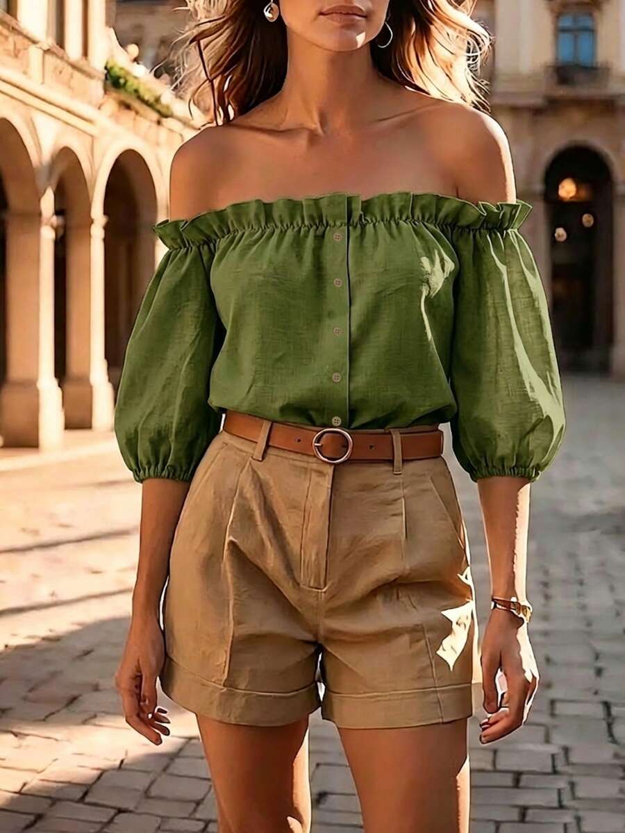 Balvessa New Arrival French Style Off Shoulder Petal Sleeve Top - Green - View 1