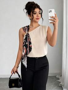 Elenzga Blusa elegante de mujer talla grande con estampado de primavera/verano, cuello asimétrico y color contrastante - Albaricoque - Ver 4