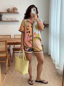 Enliva Jolene.Mendez Plus Size Women's Holiday Casual Tropical Bohemian Fruit & Plant Printed Asymmetrical Short Sleeve Shirt Top + Beach Shorts 2pcs Set, Holiday Outfits Boho, For Apple Rounded Body Shape, For Summer - Multicolor - View 3
