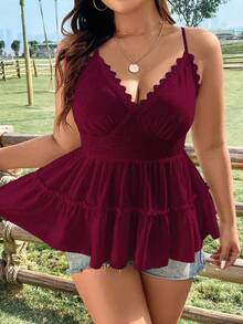 Flirla Plus Size Solid Color Spaghetti Strap V-Neck Summer Tank Top With Lace Trim - Burgundy - View 7