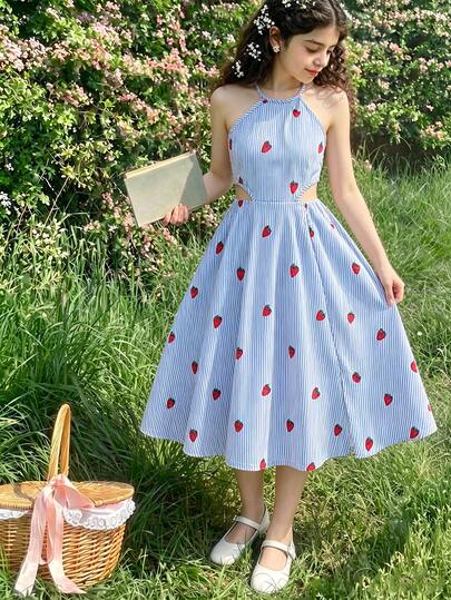 Elladie kids Girls' Sweet Fresh Strawberry Print Light Blue & White Vertical Striped Woven Fabric Soft Draping Halter Neck A-Line Dress, Suitable For Vacation, Daily Wear, Party, Princess Style