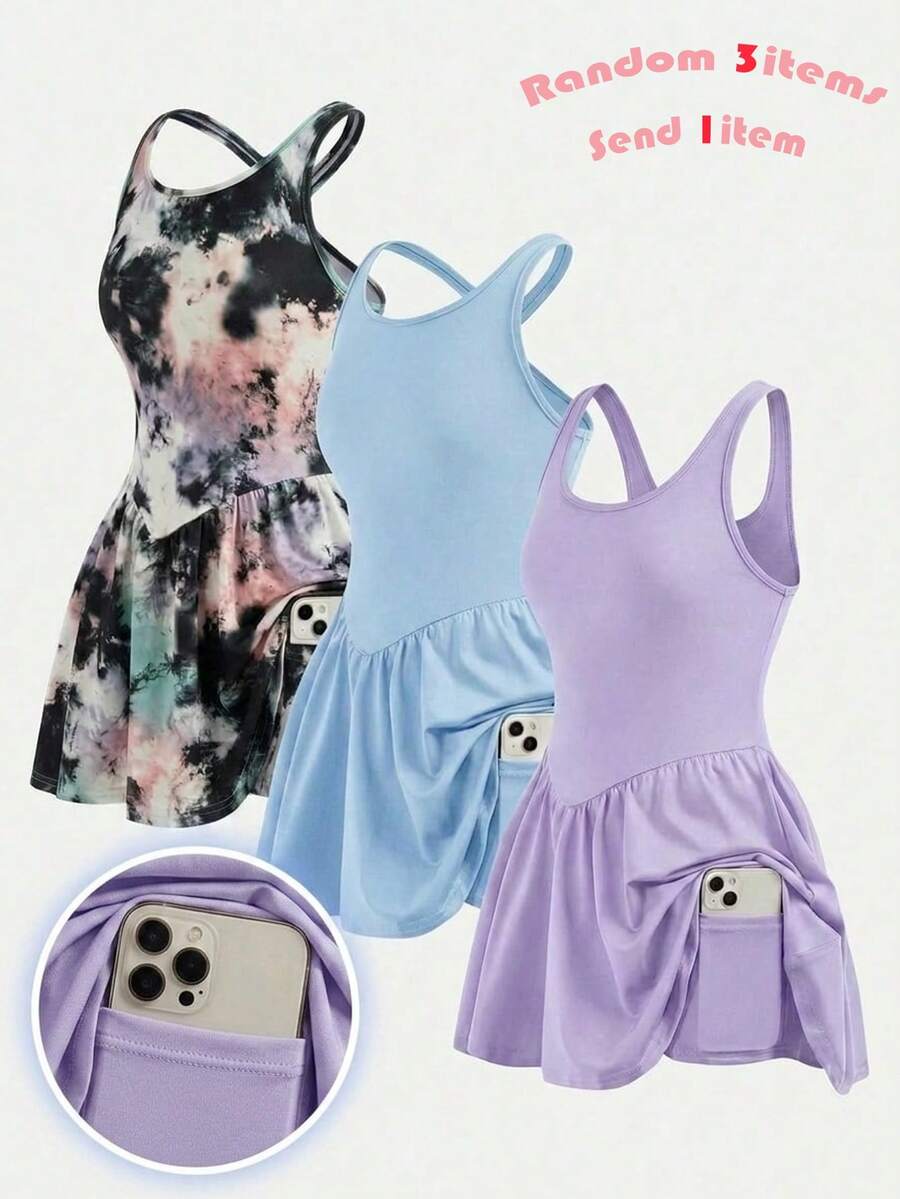 Random 3items,Send 1item Random 3items,Send 1item Tween Girls' Casual Solid Color Criss-Cross Racerback Sports Dress - Multicolor - View 1