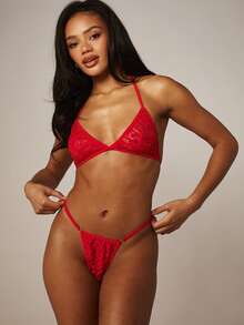 MISSGUIDED Red Lace Triangle Bra And Thong Lingerie Set With Strappy Details For Intimate Occasions - Red - View 1