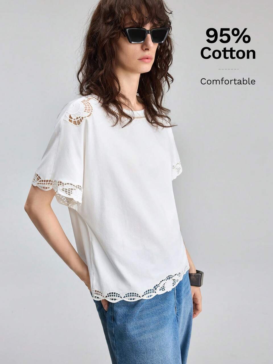 Women's White Lace Patchwork Short Sleeve Top, Summer Casual Elegant Round Neck T-Shirt,Modern Business Office Wear Brunch Vacation Outfits