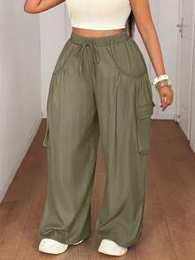 Maweii Plus Size Women Waist Tie Loose Wide Leg Cargo Pants - Army Green - View 3