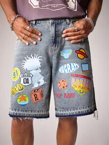 Nick 90s | SHEIN Men's Cartoon & Letter Print Slant Pocket Loose Denim Shorts - Light Wash - View 3