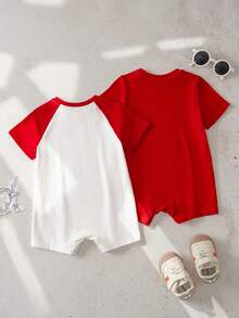LOONEY TUNES X SHEIN Áo liền quần tay ngắn cổ tròn in hình hoạt hình cho bé trai - Đỏ - Xem 2