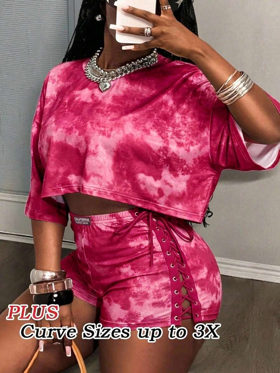 Slaydiva Light Pink Summer Kawaii Night Out Club Woman 2 Piece Sets Round Neck Drop Shoulder Loose T-Shirt&Side Strap Slim Shorts Imitation Snowflake Print - Hot Pink - View 1