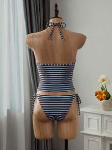 Swim Mod Women's Brown Striped Bikini Set,Halter Neck Tie Triangle Bottoms Two Pieces,Textured Lace Hollow-Out Fabric,Summer Casual Beach Holiday Vacation - Multicolor - View 2