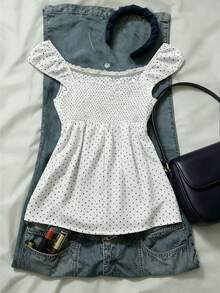 Blusa de cuello cuadrado con mangas de pétalo, cintura con lazo, lunares azul marino - Blanco - Ver 2