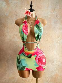 Mistrie Đầm nữ thời trang đa năng với khóa kim loại, in họa tiết, cổ yếm, buộc dây. - Nhiều màu - Xem 4