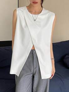 DAZY Women's Solid Color Crew Neck Slit Hem Casual Business Tank Top - White - View 8