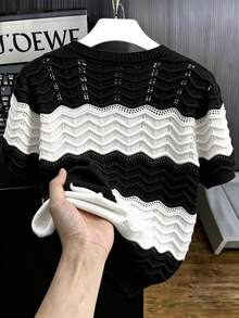 Manfinity Homme Men's Contrast Color Round Neck Short Sleeve Hollow Out Knit Top - Black and White - View 2
