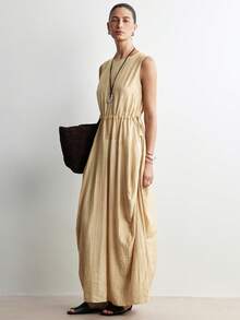 Aalyst Women's Waist Tunnel Drawstring Textured Fabric Dress, Suitable For Vacation, Afternoon Tea, Home, Commute - Yellow - View 8