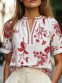 Franclia Áo blouse nữ mùa xuân/hè mới họa tiết lá sung trắng cổ chữ V dáng rộng thoải mái, phù hợp đi nghỉ dưỡng, mặc hàng ngày, hẹn hò, đi làm - Đỏ - Xem 3