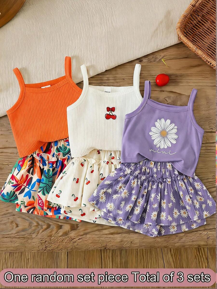 SHEIN Setelan Atasan Camisole Rajut Warna Polos dan Celana Pendek Motif Bunga Kecil untuk Bayi Perempuan, Warna Oranye untuk Liburan Musim Panas, Satu Potongan Acak, Total 3 Setelan - MultiWarna - View 1