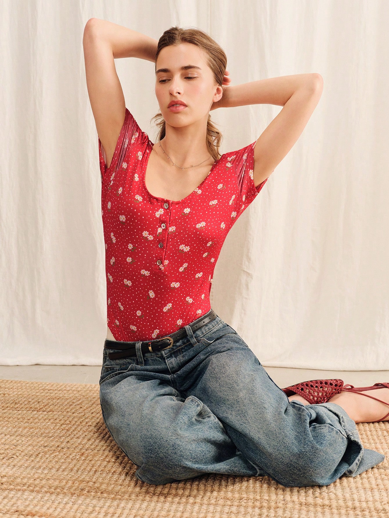 Red Floral Bodysuit With Front Buttons And Short Sleeve Cute Feminine Spring Summer French Style Casual Holiday Outfit