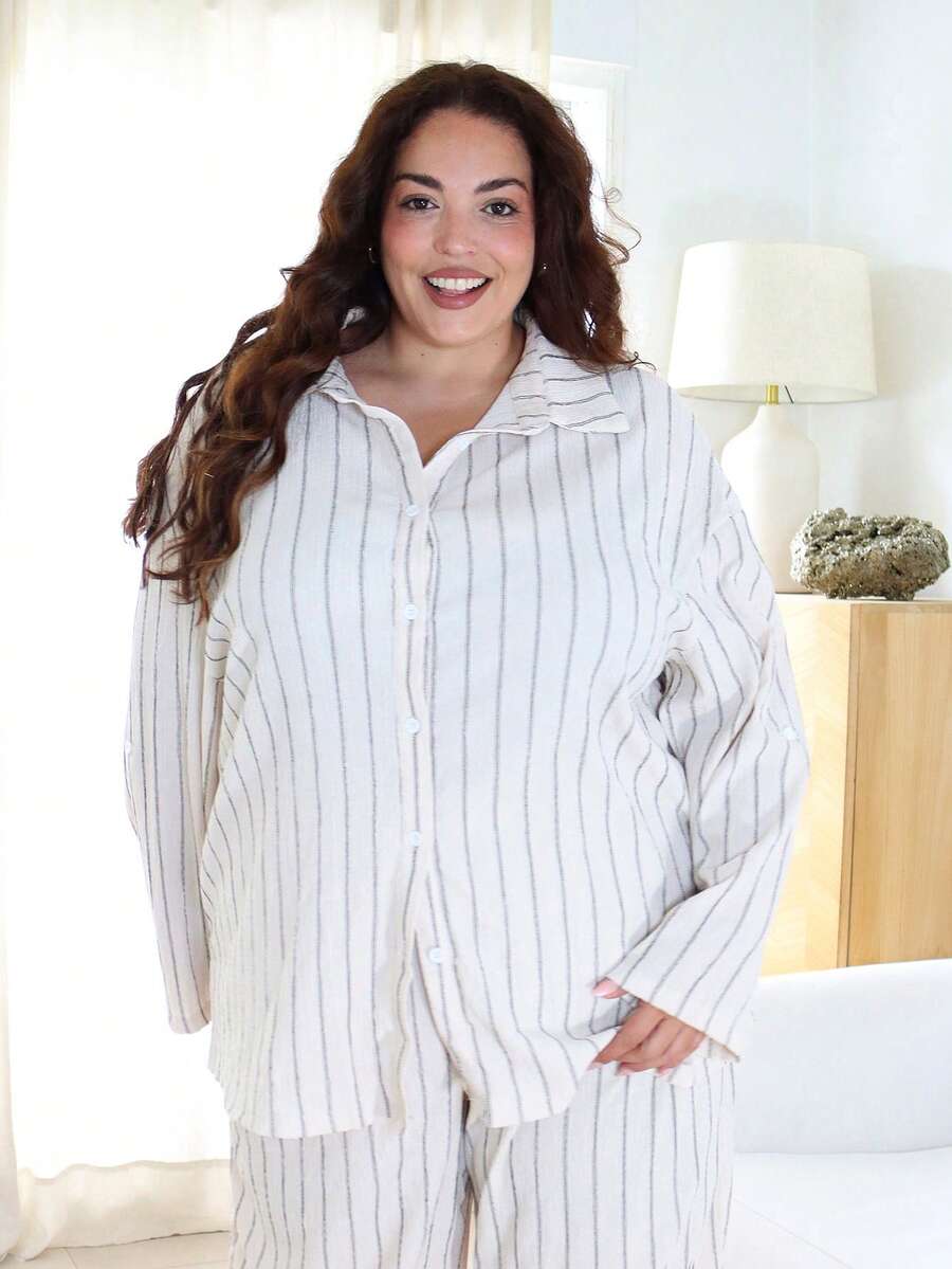 Pretty and Ole Plus Size Casual Minimalist Basic Striped 2 Pieces Set, Loose Fit Elegant - Apricot - View 1