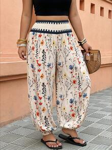 SHEIN LUNE Quần ống loe cạp chun dành cho nữ cỡ lớn, quần dài thoải mái cho kỳ nghỉ, họa tiết hoa thời trang, thích hợp cho mùa hè. - Nhiều màu - Xem 4