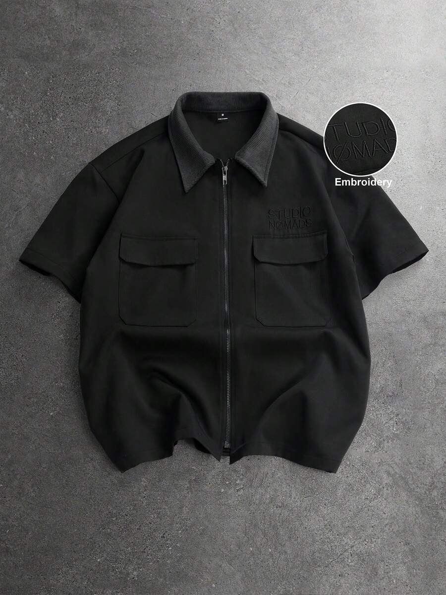 STYNVO 男士纯色拉链口袋刺绣休闲短袖衬衫 - 黑色 - 查看 1