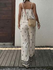Breezaya Ensemble décontracté et élégant de 2 pièces à imprimé floral bohème pour femmes, débardeur à bretelles fines et pantalon large en mélange de lin pour les vacances, débardeur à bretelles fines et pantalon large 2 pièces pour la maison et les loisirs, ensemble Top débardeur à imprimé floral et pantalon large en mélange de lin pour le quotidien et le brunch, ensemble bohème Y2K de 2 pièces à imprimé floral, tenue d'été blanche pour les vacances - Nude - Voir 6
