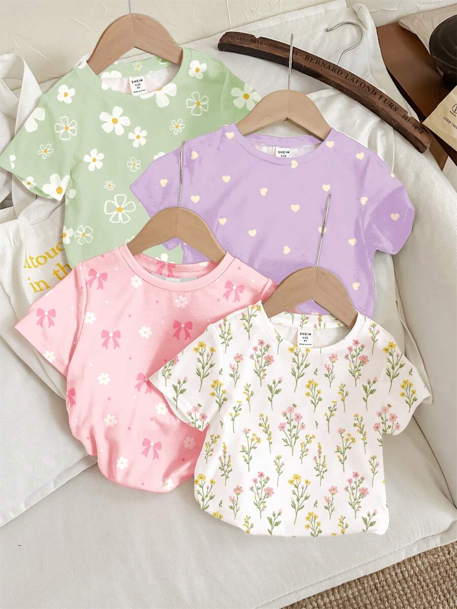 3件裝 Twirl Into Spring & Summer 奶油色花卉、雛菊、植物、蝴蝶結系列T恤套裝,4件裝少女休閒極簡短袖圓領T恤,適合四季日常穿著,適用於校園、外出、街頭、度假、返校,春夏舒適自在,時尚女孩休閒穿搭,兒童波西米亞花卉圖案T恤,時髦新風格,Chill Chill,返校,Chill Vibe,女孩風 - 彩色 - 查看 1