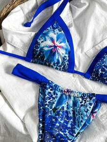Swim Mod Conjunto de bikini de 2 piezas para mujer de verano con estampado aleatorio, halter, espalda descubierta y tanga - Multicolor - Ver 4