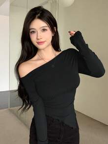 DAZY Women's Solid Color Asymmetrical Shoulder Ruched Slim Fit T-Shirt Long Sleeve Women Tops - Black - View 5