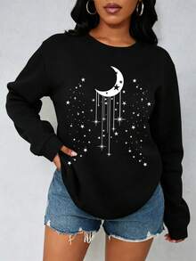 SHEIN LUNE Damen Rundhals-Sweatshirt mit Mond- und Stern-Astronomie-Muster, Langarm, Bohemian, verträumtes und modisches Essential - Schwarz - Übersicht 1