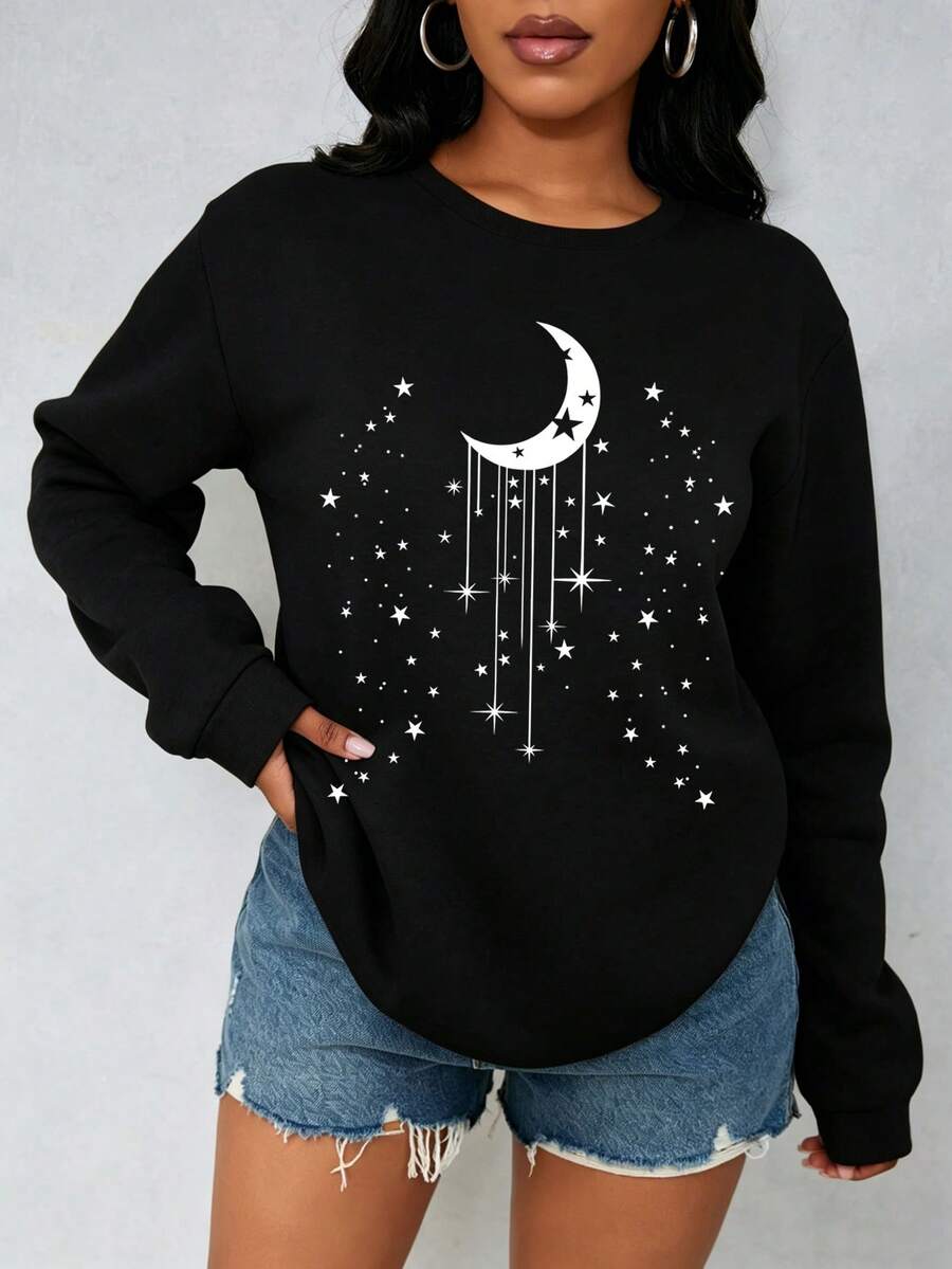 SHEIN LUNE Damen Rundhals-Sweatshirt mit Mond- und Stern-Astronomie-Muster, Langarm, Bohemian, verträumtes und modisches Essential - Schwarz - Übersicht 1