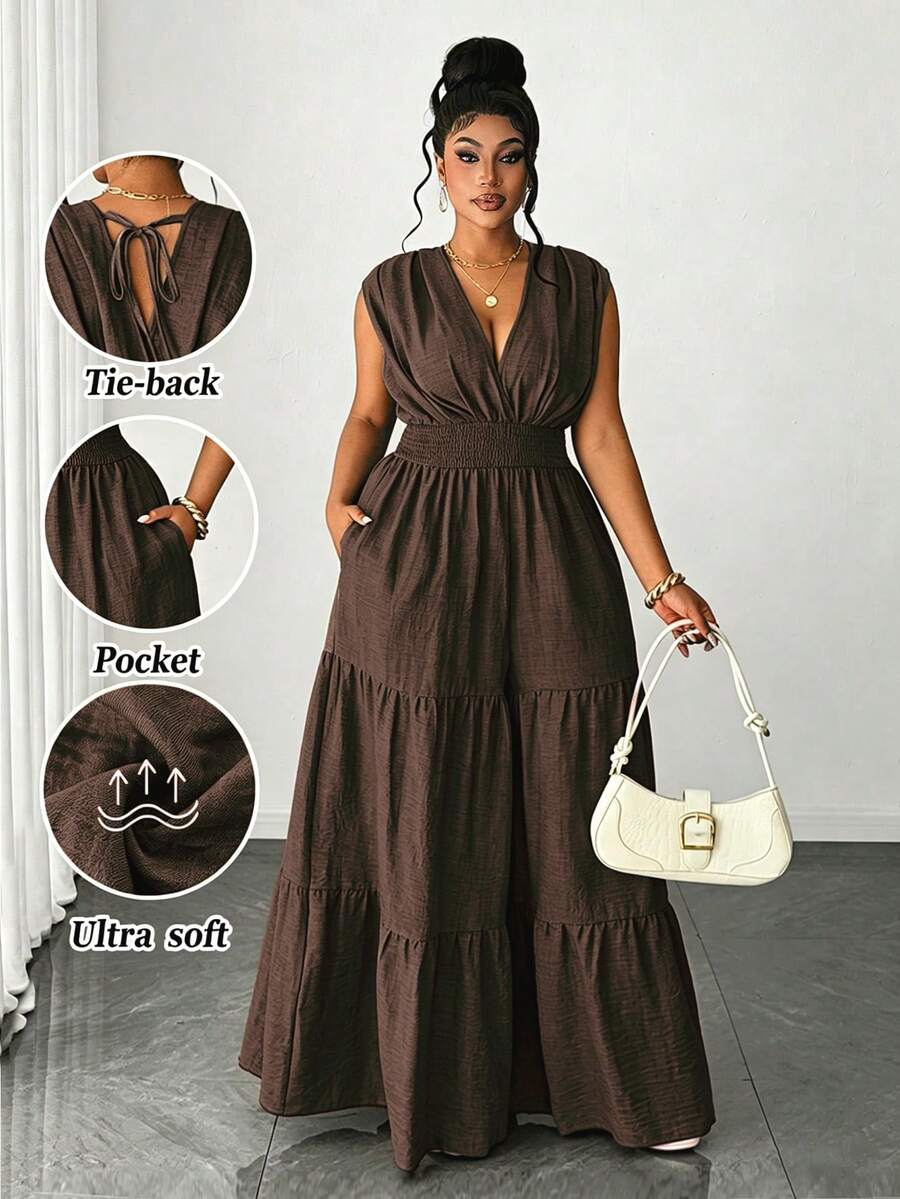 Maweii Bộ jumpsuit nữ cỡ lớn thanh lịch, chất liệu giả denim, thiết kế xếp ly chéo eo có dây rút, nơ sau lưng, viền bèo nhiều lớp, kiểu dáng đa năng, phù hợp cho tiệc tùng, hẹn hò, những dịp lãng mạn, dạo phố thời trang, kỳ nghỉ, bãi biển, lễ hội âm nhạc, phong cách thời trang. - màu nâu - Xem 1