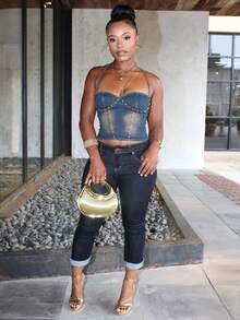 Steph T Áo denim thường ngày hở lưng dây mảnh cổ yếm cho nữ, không tay, khóa kéo chéo sau lưng - Rửa tối - Xem 1