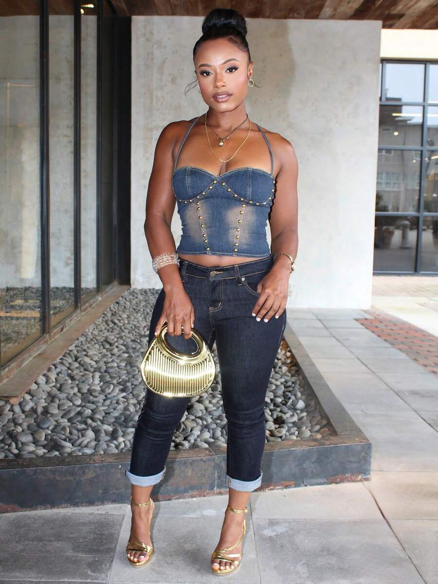Steph T Áo denim thường ngày hở lưng dây mảnh cổ yếm cho nữ, không tay, khóa kéo chéo sau lưng - Rửa tối - Xem 1