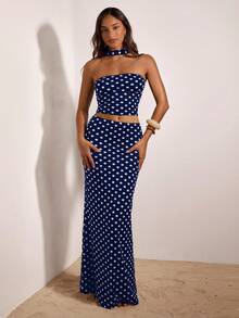 Opulessa Bộ đồ 2 món Vacation Knit họa tiết chấm bi cổ điển gồm áo tank top ngắn ôm dáng và chân váy đuôi cá cạp thấp dành cho nữ. - Màu xanh hải quân - Xem 3