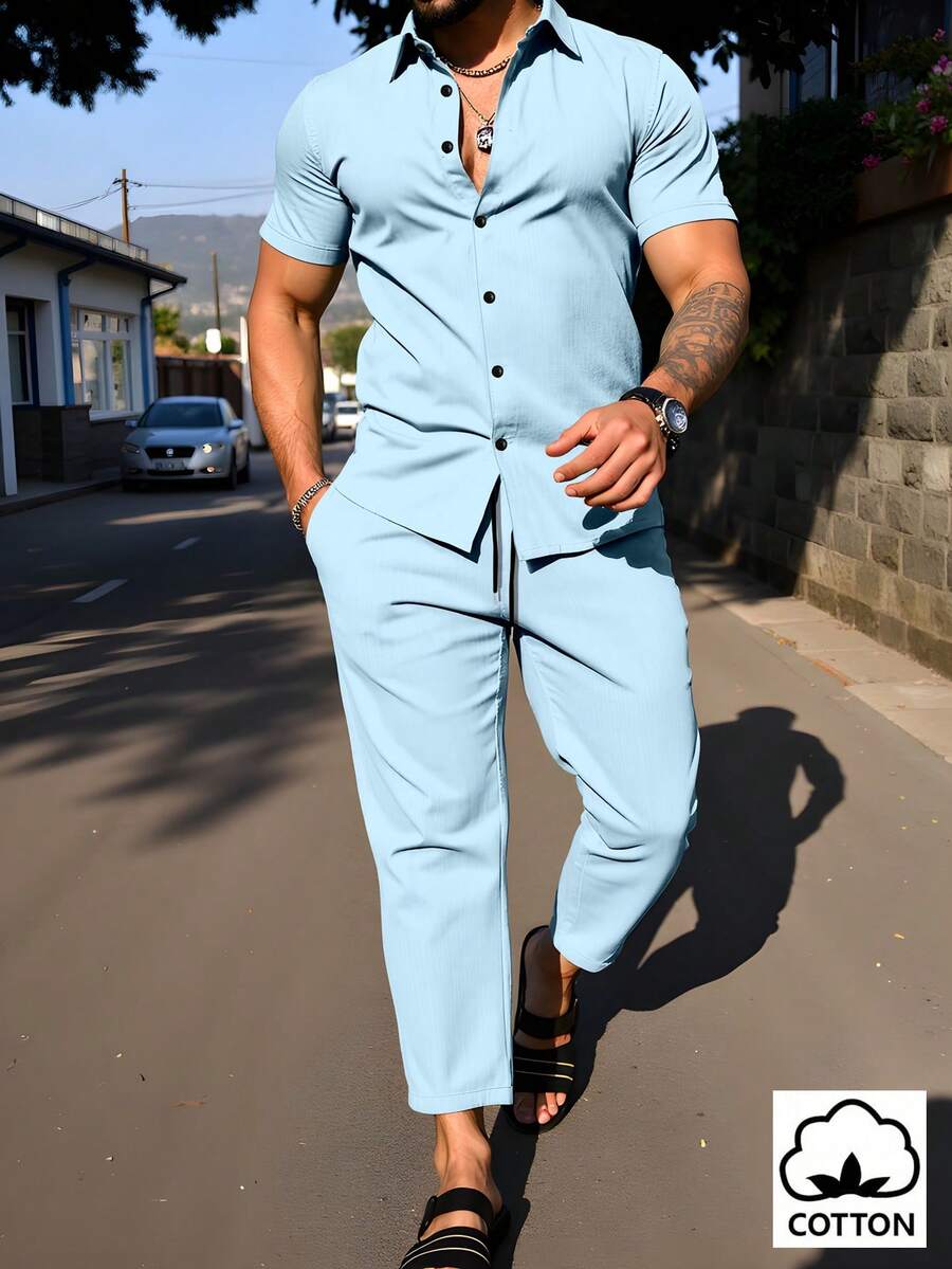 Manfinity Homme Men's Solid Color Short Sleeve Shirt And Pants Casual Suit, Ceremony - Baby Blue - View 1