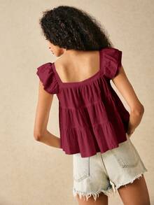 SHEIN Frenchy Women's Solid Color Square Neck Ruffle Hem Blouse,Summer Top - Burgundy - View 2