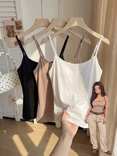Comfortcana Plus Size Women 3 PiecesSolid Color Fitted Camisole Set