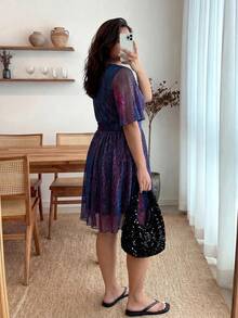 Enliva Đầm dự tiệc/đêm dạ hội cổ chữ V tay bồng viền xếp ly ombre dành cho nữ cỡ lớn Jennifer_samantha_style, thích hợp cho tiệc tùng, ngày Valentine, cho dáng người tròn trịa, mùa hè. - Màu tím - Xem 2