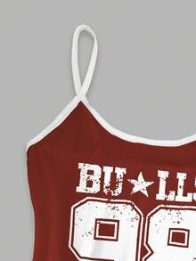 Rovax Women's Fitted Tank Top,Dark Red Summer Casual City Break Retro Streetwear,Digital Sports Print Burgundy-And-White Color-Block Letter Number T-Shirt - White - View 3