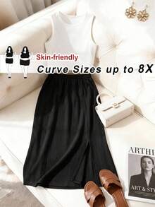 SHEIN CURVE+ Váy đen xẻ cao, thời trang mùa xuân/hè dành cho nữ, thoải mái, đa năng, chất liệu vải có họa tiết, chất liệu mềm mại, thích hợp mặc hàng ngày, cơ bản, tôn dáng, chất liệu vải có họa tiết, thích hợp cho trang phục mùa hè, phong cách đơn giản, phong cách mùa hè châu Âu. - màu đen - Xem 1