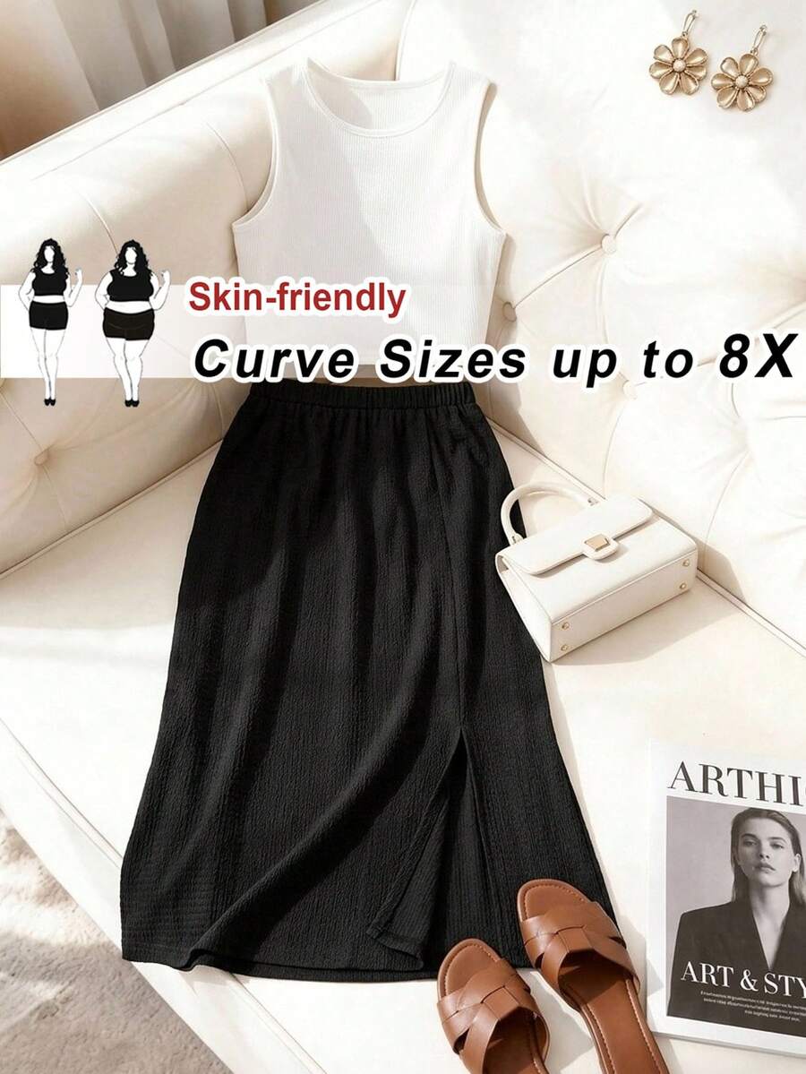 SHEIN CURVE+ Váy đen xẻ cao, thời trang mùa xuân/hè dành cho nữ, thoải mái, đa năng, chất liệu vải có họa tiết, chất liệu mềm mại, thích hợp mặc hàng ngày, cơ bản, tôn dáng, chất liệu vải có họa tiết, thích hợp cho trang phục mùa hè, phong cách đơn giản, phong cách mùa hè châu Âu. - màu đen - Xem 1