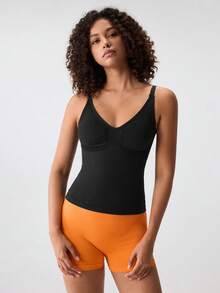 Loungeista Tank Top Camisole Wanita Model V-Neck Slim Fit, Pakaian Olahraga Musim Panas Dasar untuk Musim Panas - Hitam - View 7
