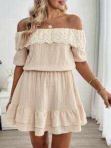 Weeklong Plus Size Casual Comfortable Off Shoulder Cutout Cotton Linen Dress - Khaki - View 3