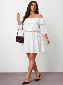Enliva Vestido Blanco Talla Grande con Hombros Descubiertos, Volantes, Ajuste Holgado y Manga Corta, Para Body Forma de Manzana y Redondeado - Blanco - Ver 7